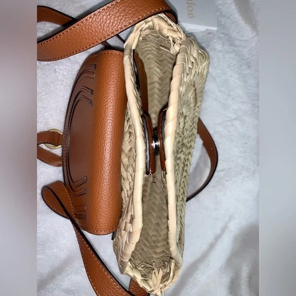 Chloe Marcie Woven Palm Round Crossbody Bag (Tan)